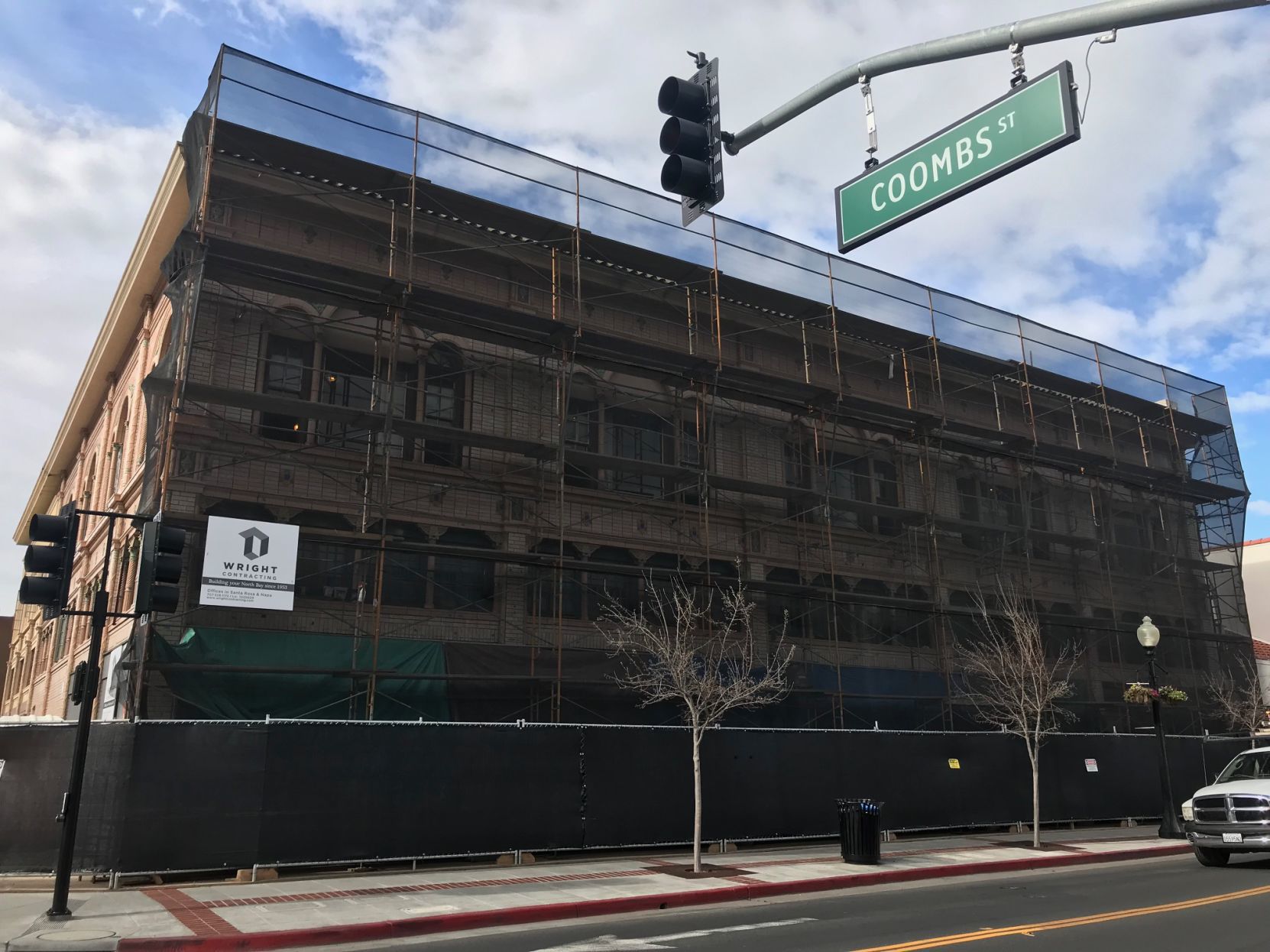 The shrouded First Street side of Napa's historic Gordon Building